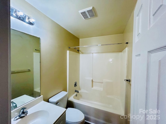 full bath with toilet, visible vents, shower / washtub combination, and vanity