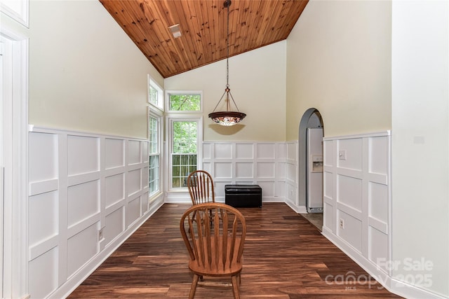 10213 Conistan Pl, Cornelius, NC 28031 - living area with a decorative wall, wooden ceiling, wainscoting, dark wood-type flooring, and high vaulted ceiling