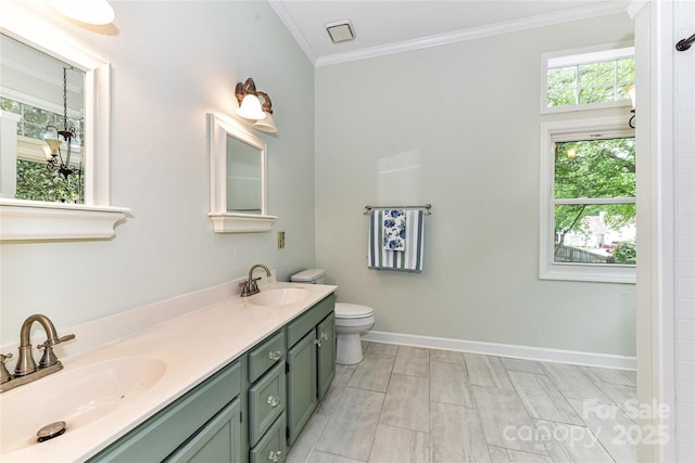 10213 Conistan Pl, Cornelius, NC 28031 - bathroom with double vanity, ornamental molding, toilet, and baseboards