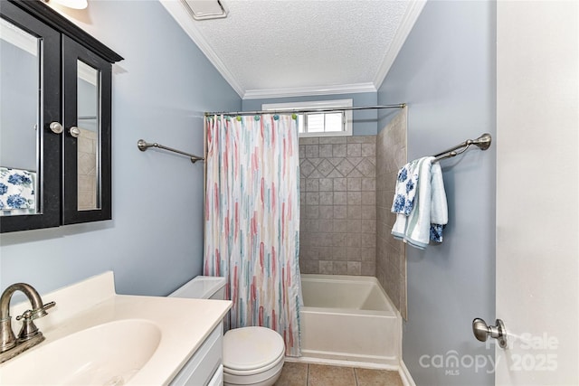 10213 Conistan Pl, Cornelius, NC 28031 - full bathroom with vanity, toilet, a textured ceiling, shower / bath combo with shower curtain, and ornamental molding
