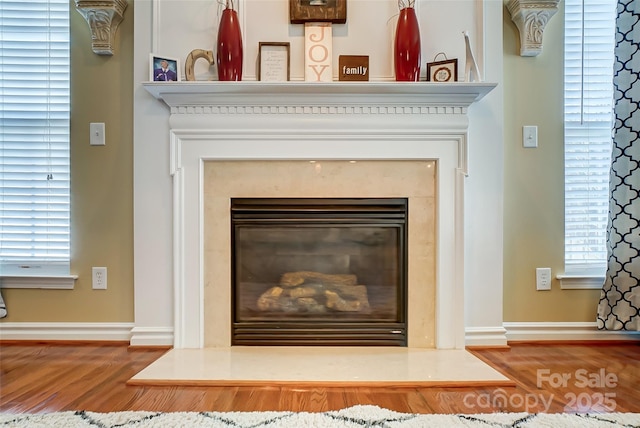 interior details featuring a fireplace, baseboards, and wood finished floors