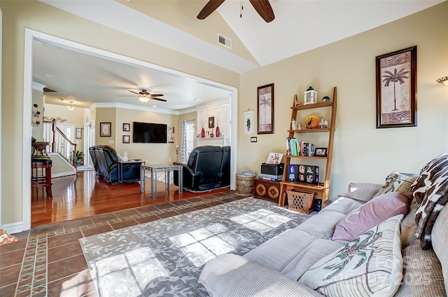 living room with vaulted ceiling, stairway, visible vents, and a ceiling fan