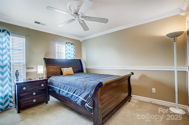 bedroom featuring light carpet, baseboards, visible vents, a ceiling fan, and ornamental molding