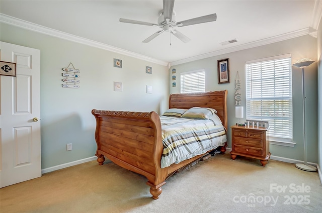 bedroom featuring ornamental molding, light colored carpet, visible vents, and baseboards