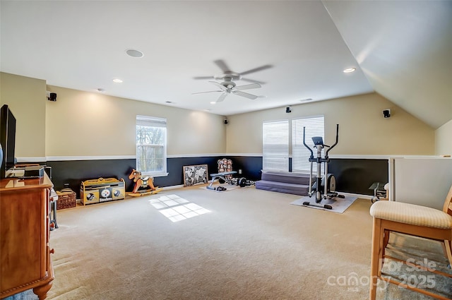 exercise area featuring lofted ceiling, ceiling fan, carpet flooring, and recessed lighting