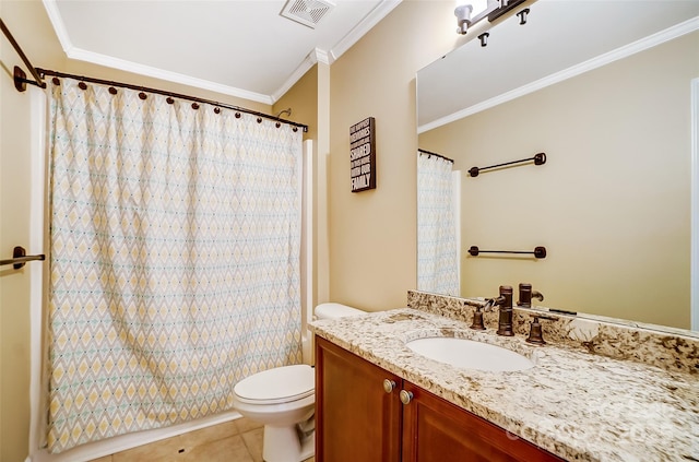 bathroom featuring visible vents, toilet, tile patterned flooring, crown molding, and vanity