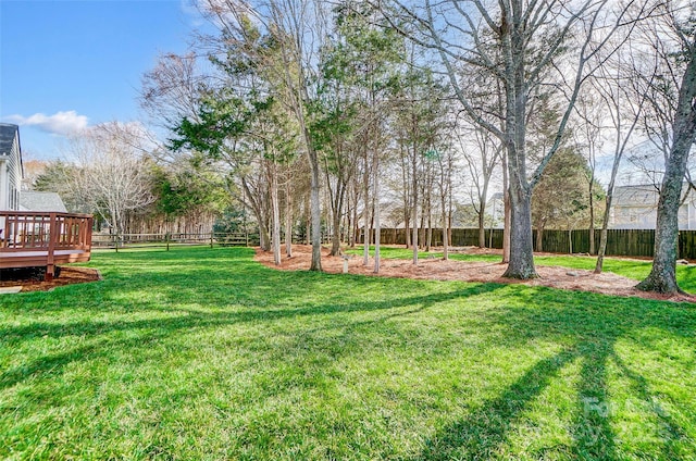 view of yard featuring a fenced backyard and a deck