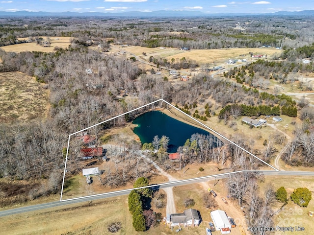 bird's eye view featuring a water and mountain view