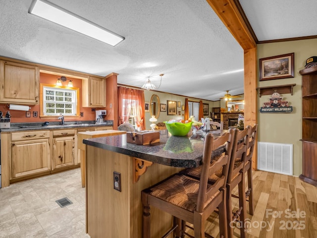 kitchen featuring ornamental molding, dark countertops, a sink, and visible vents