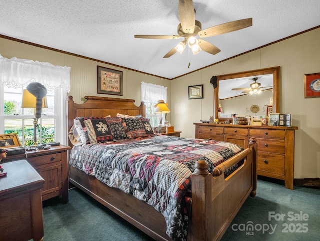 bedroom with carpet floors, multiple windows, crown molding, and lofted ceiling