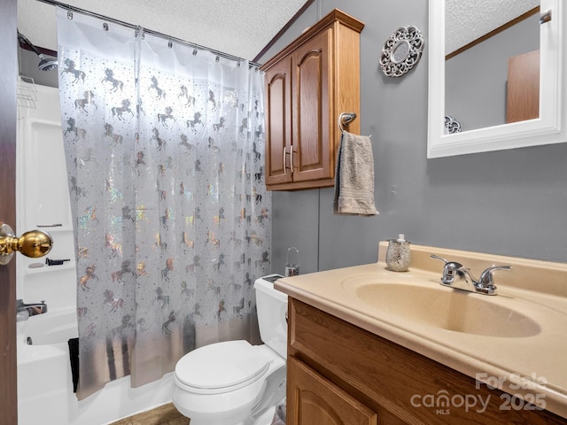 full bathroom with a textured ceiling, vanity, toilet, and shower / tub combo with curtain