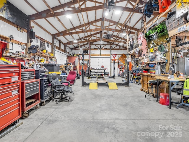 garage featuring a workshop area