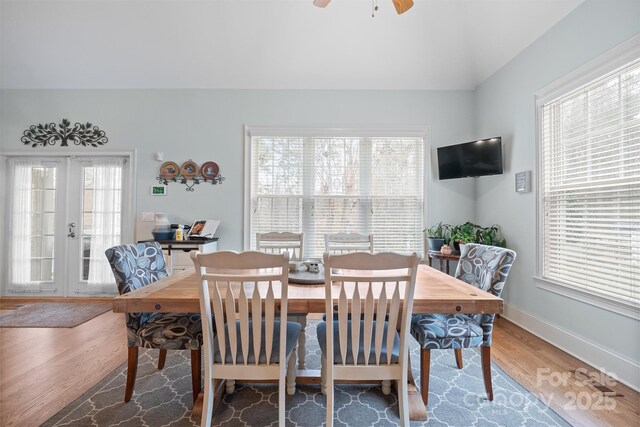 dining space with french doors, a wealth of natural light, and wood finished floors