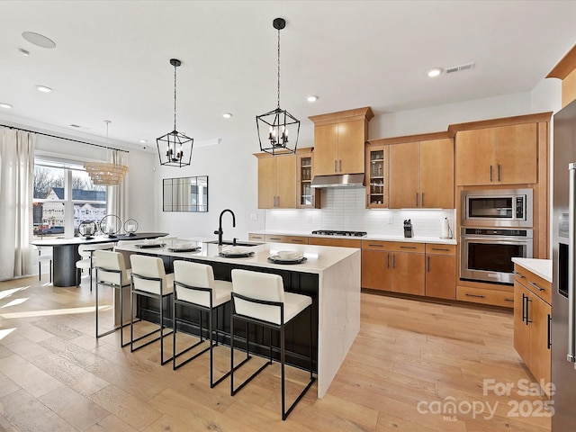 kitchen with glass insert cabinets, a kitchen island with sink, stainless steel appliances, light countertops, and under cabinet range hood