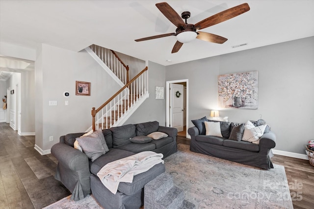 3216 Bridgewick Rd, Waxhaw, NC 28173 - living area featuring stairway, wood finished floors, visible vents, baseboards, and ceiling fan