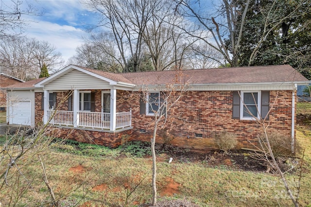 view of front of home with brick siding, roof with shingles, a porch, crawl space, and a garage