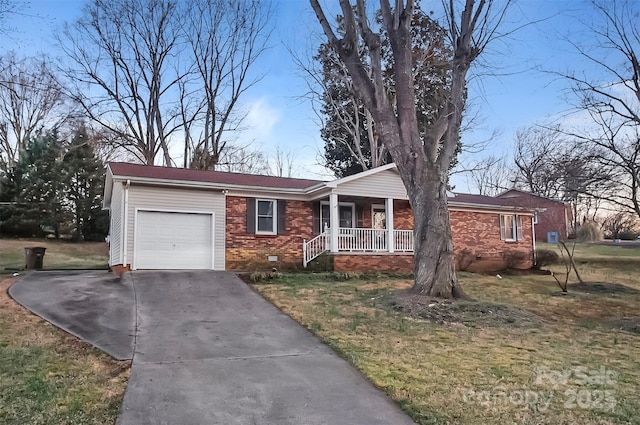 single story home with brick siding, covered porch, an attached garage, a front yard, and crawl space