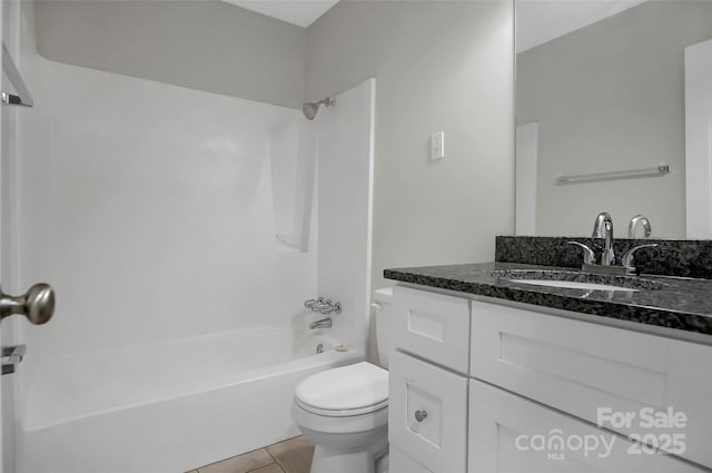 full bath featuring toilet, tile patterned floors, tub / shower combination, and vanity