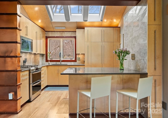 kitchen featuring a peninsula, a skylight, a sink, stainless steel appliances, and dark countertops