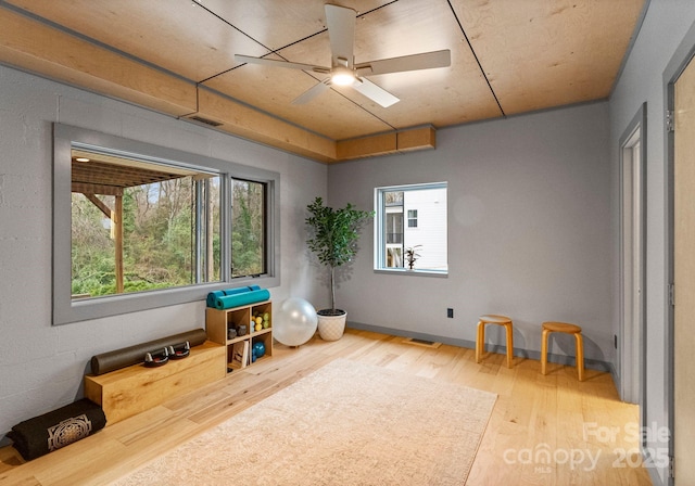 misc room featuring visible vents, baseboards, a ceiling fan, and wood finished floors