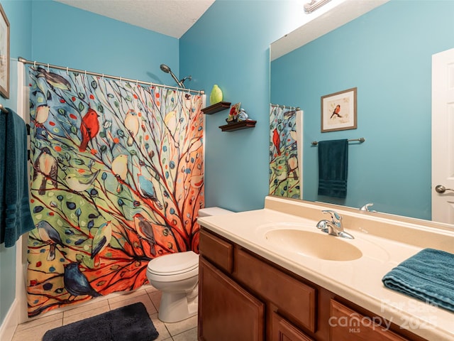 full bathroom with toilet, shower / tub combo, a textured ceiling, vanity, and tile patterned flooring