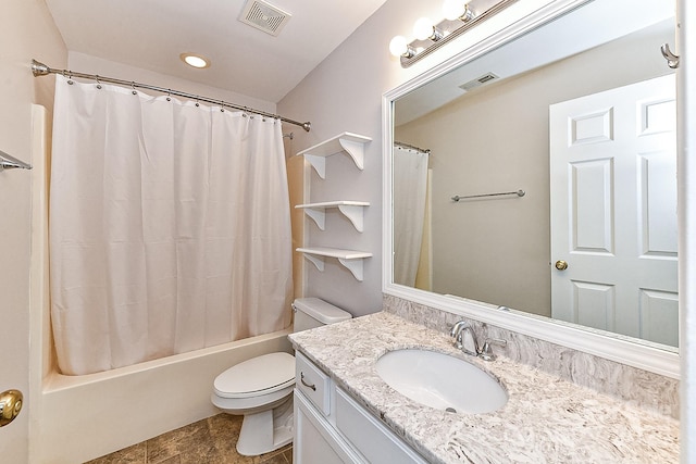 full bathroom with shower / bathtub combination with curtain, vanity, and toilet