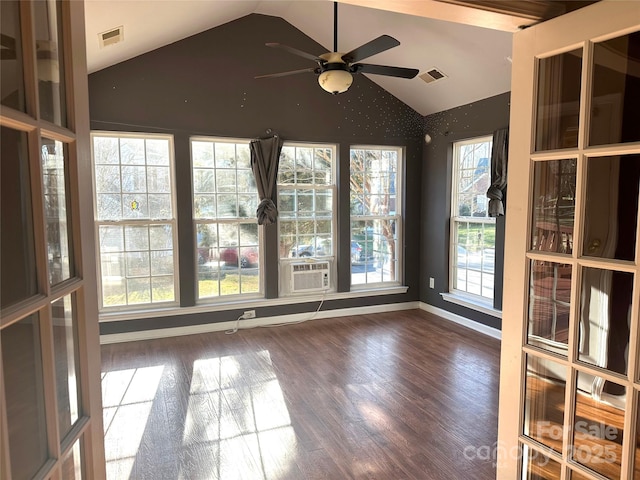 interior space with cooling unit, ceiling fan, and vaulted ceiling