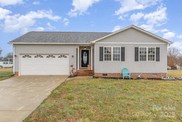 single story home with a garage and a front yard