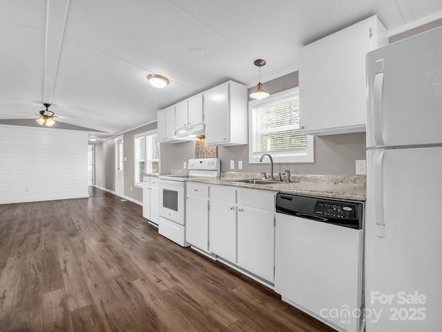 kitchen featuring dark hardwood / wood-style floors, white cabinetry, sink, hanging light fixtures, and white appliances