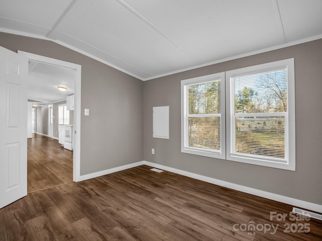 empty room with lofted ceiling, plenty of natural light, and dark hardwood / wood-style floors