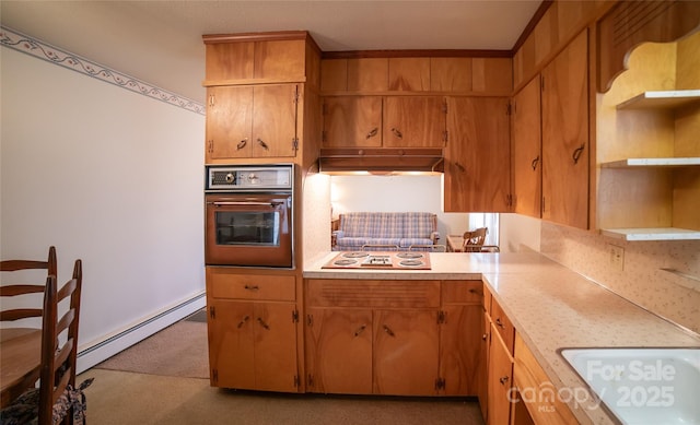 kitchen with open shelves, light countertops, under cabinet range hood, wall oven, and baseboard heating