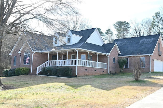 cape cod-style house with a garage, a front yard, and covered porch