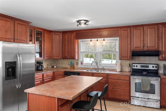 kitchen featuring backsplash, under cabinet range hood, a kitchen breakfast bar, stainless steel appliances, and a sink