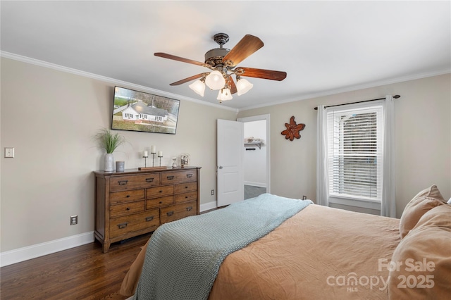 bedroom featuring a ceiling fan, crown molding, dark wood-style floors, and baseboards