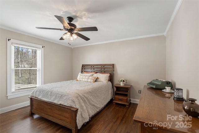 bedroom featuring ceiling fan, dark wood-type flooring, baseboards, and ornamental molding