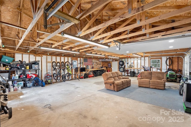 garage with a workshop area