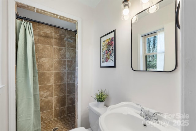 bathroom with a stall shower, a sink, and toilet