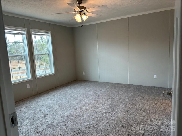 spare room with ceiling fan, a textured ceiling, and carpet flooring