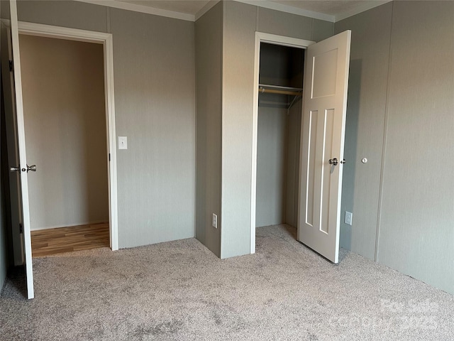 unfurnished bedroom with light colored carpet and a closet