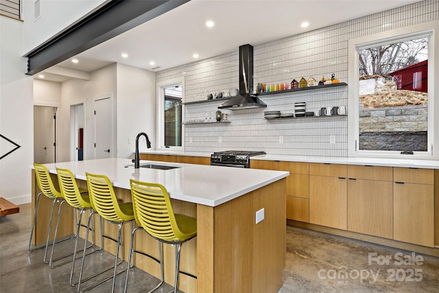 kitchen featuring a sink, open shelves, range with gas cooktop, and a center island with sink