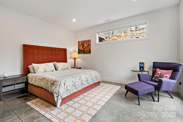 bedroom with concrete flooring, recessed lighting, visible vents, and baseboards