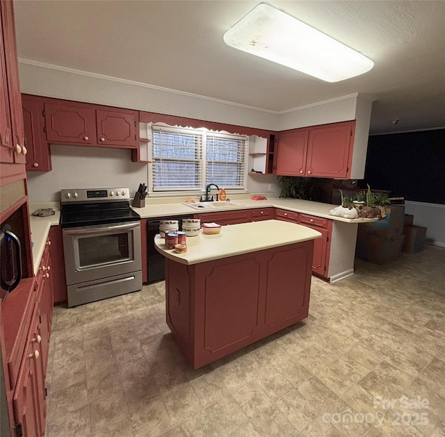 kitchen with sink, stainless steel range with electric cooktop, dishwasher, and a kitchen island