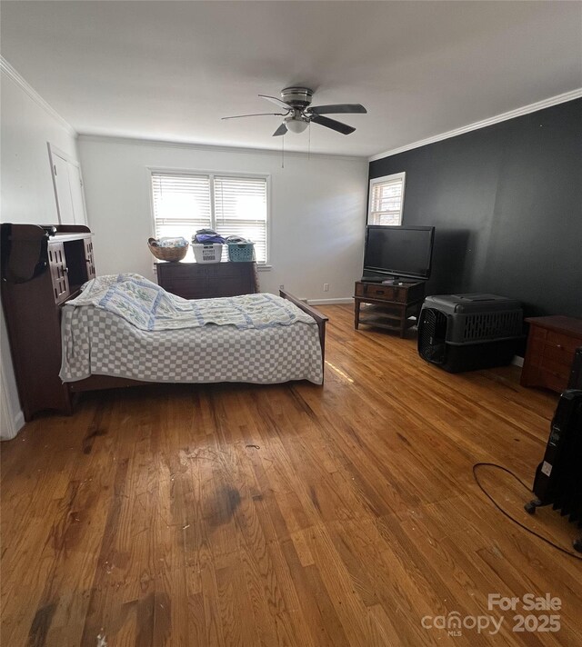 3367 Marshall Wolfe Rd, Kings Mountain, NC 28086 - bedroom with hardwood / wood-style flooring, ornamental molding, and ceiling fan