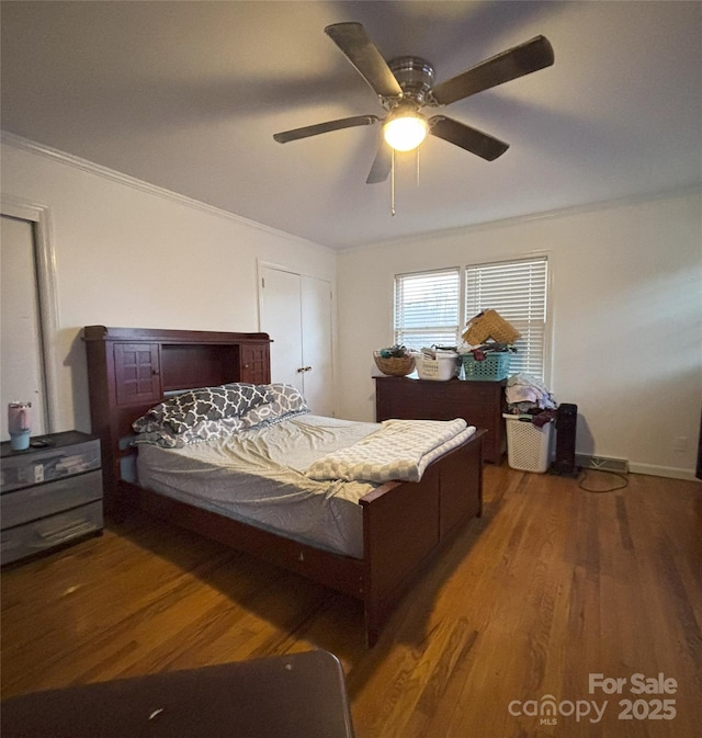 3367 Marshall Wolfe Rd, Kings Mountain, NC 28086 - bedroom with dark wood-type flooring, ceiling fan, and ornamental molding
