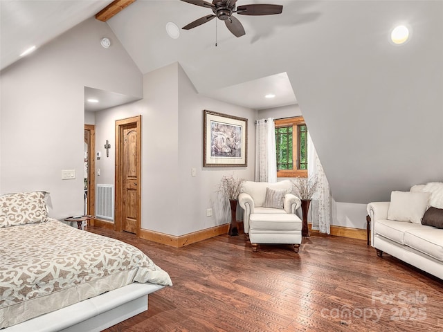 bedroom featuring beamed ceiling, ceiling fan, dark hardwood / wood-style flooring, and high vaulted ceiling