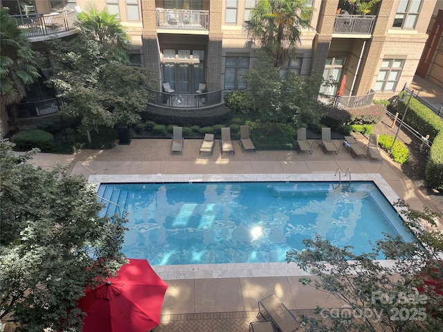 view of swimming pool featuring a patio area