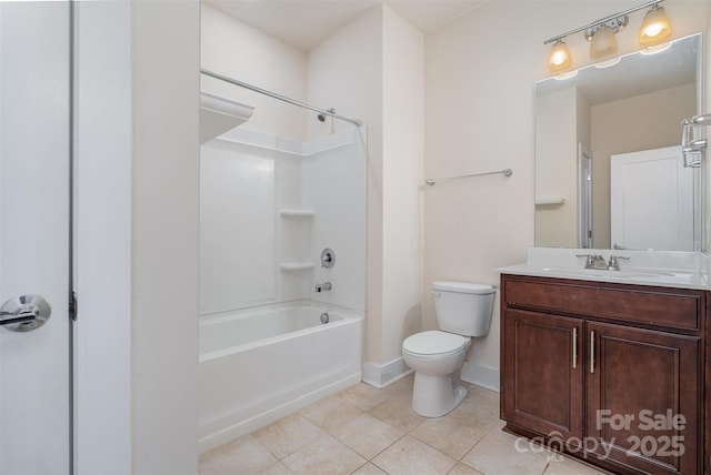 full bathroom featuring tub / shower combination, toilet, tile patterned floors, baseboards, and vanity