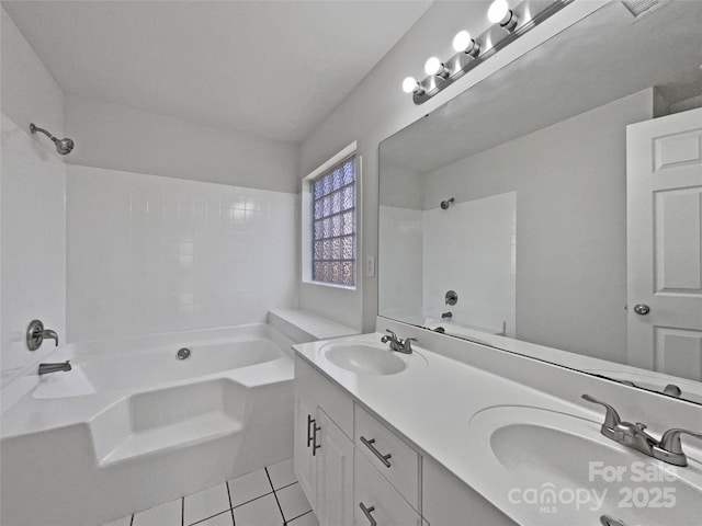 bathroom with vanity, shower / tub combination, and tile patterned floors