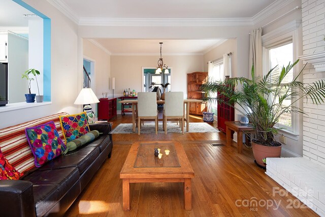 living room with crown molding and wood finished floors