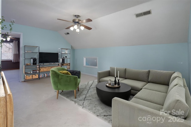 living room featuring vaulted ceiling, ceiling fan, carpet, and visible vents